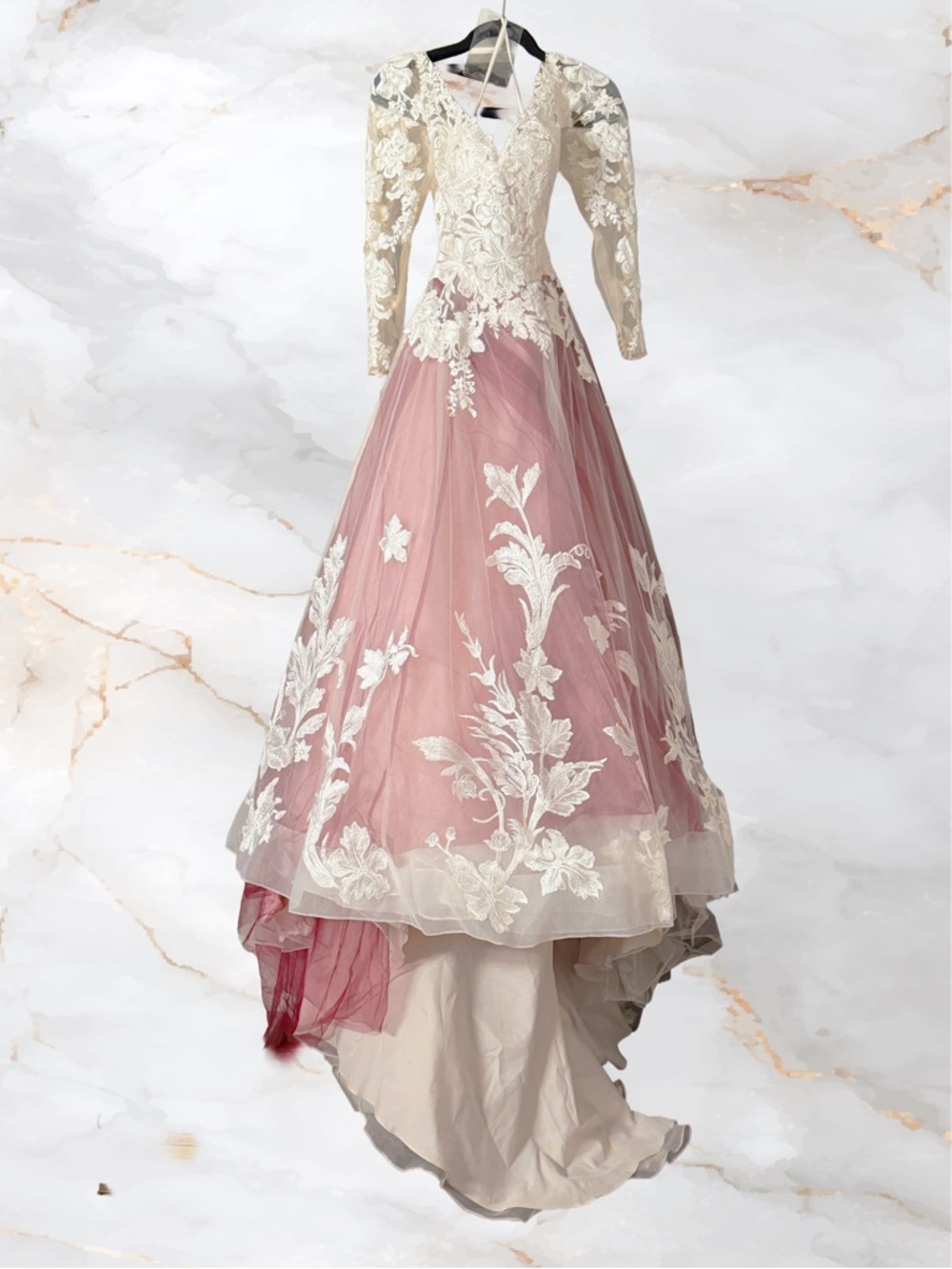 Justin Alexander Lace Pattern Long Dress With Pink/Bugundy Underlay & Ivory(TRR) - Picture 12 of 15